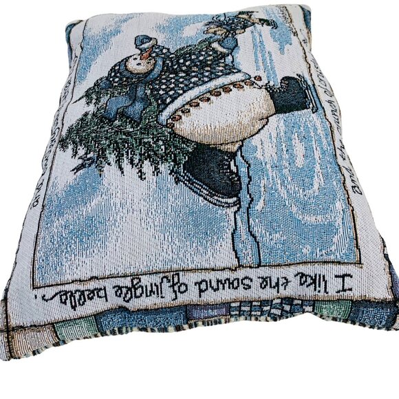 Winter Decorative Tapestry Throw Pillow Ice Skating Snowman Baby Bear Signed - Picture 5 of 9